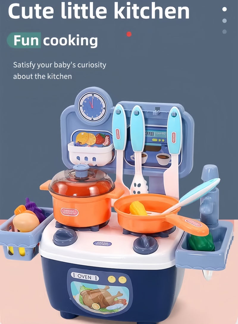XiuWoo Kitchen Pretend Play Toy Set,Children Role Play Cookware Indoor DIY Kitchen Toy Games Kitchen Accessories Toys Sets,Kitchen Toys for Toddlers with Real Sounds and Light,Role Playing Game Pretend Food and Cooking Playset,for Boys Girls Kids (Blue) - Image 3
