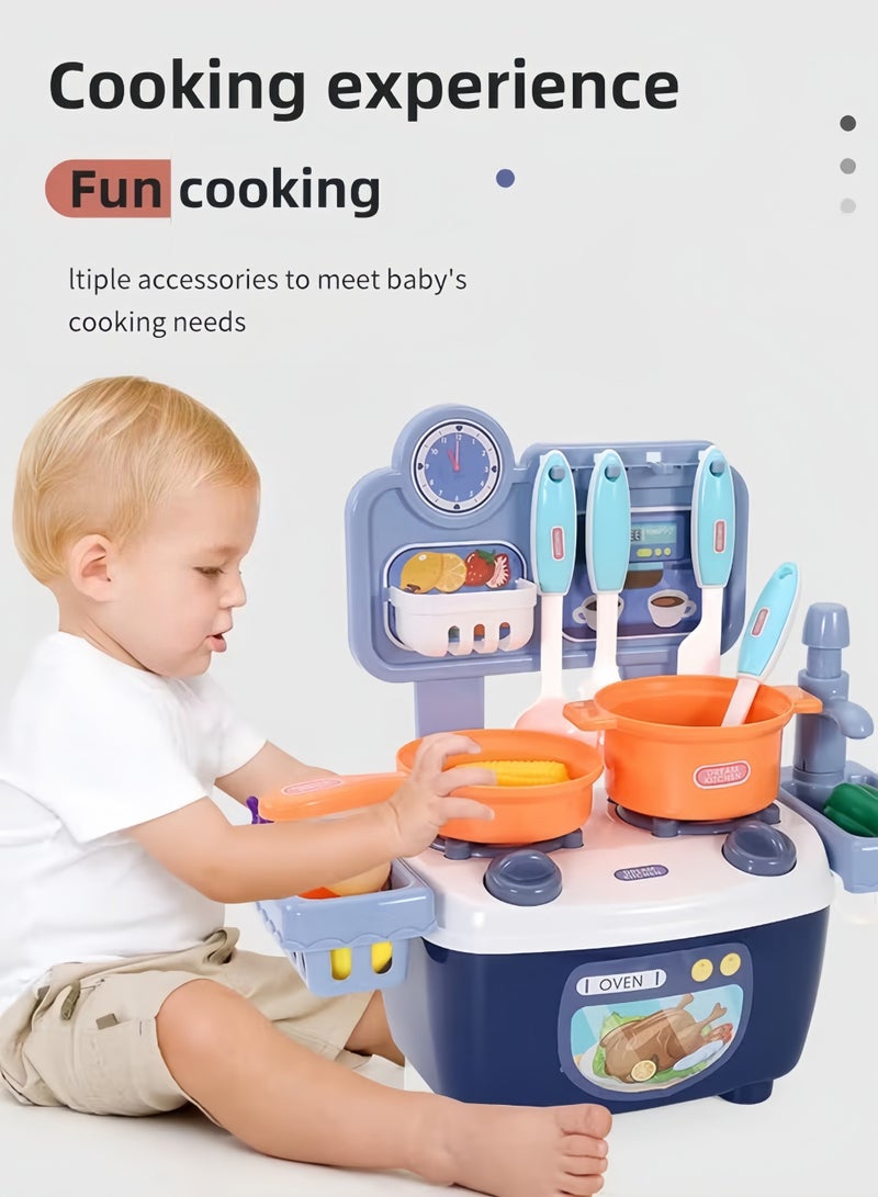 XiuWoo Kitchen Pretend Play Toy Set,Children Role Play Cookware Indoor DIY Kitchen Toy Games Kitchen Accessories Toys Sets,Kitchen Toys for Toddlers with Real Sounds and Light,Role Playing Game Pretend Food and Cooking Playset,for Boys Girls Kids (Blue) - Image 4
