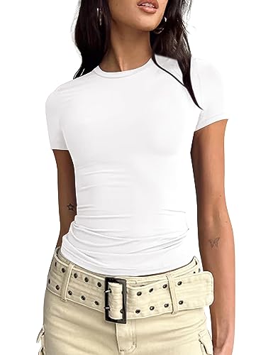 BAIGRAM AKLOPVII Women’s Basic Slim fit Crop Top Tee Shirt Short Sleeve Workout Round Neck Cropped Tshirt White - Image 1