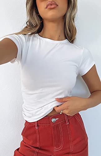 BAIGRAM AKLOPVII Women’s Basic Slim fit Crop Top Tee Shirt Short Sleeve Workout Round Neck Cropped Tshirt White - Image 2