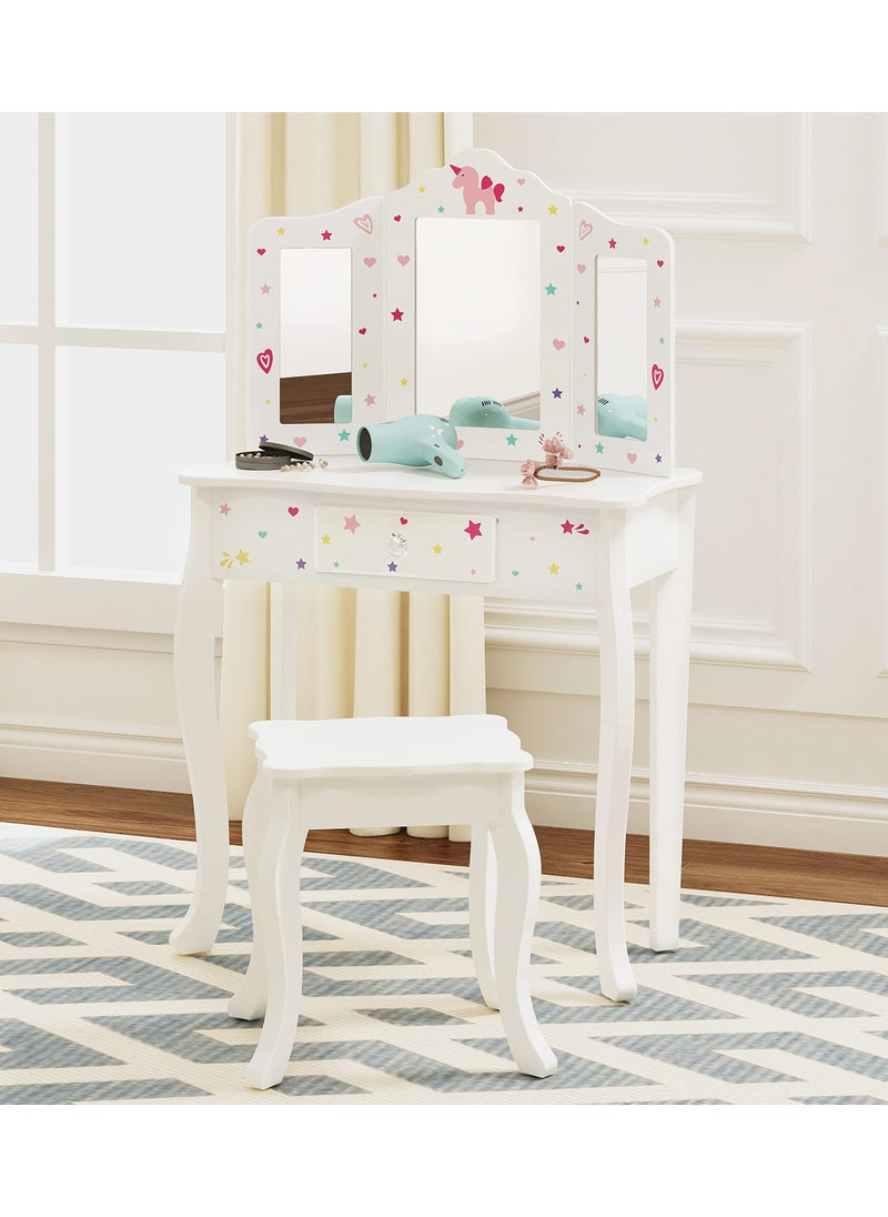 UTEX UTEX Pretend Play Kids Vanity Table and Chair Vanity Set with Mirror Makeup Dressing Table with Drawer Play Vanity SetWhite 