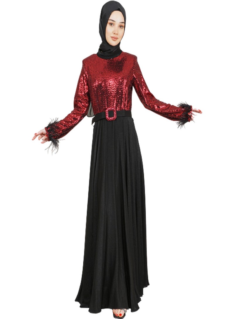 Lamora Women's Long Dress with Sleeves Tassel Sequined and Belt Evening Dress for Special Occasions Red - Image 1