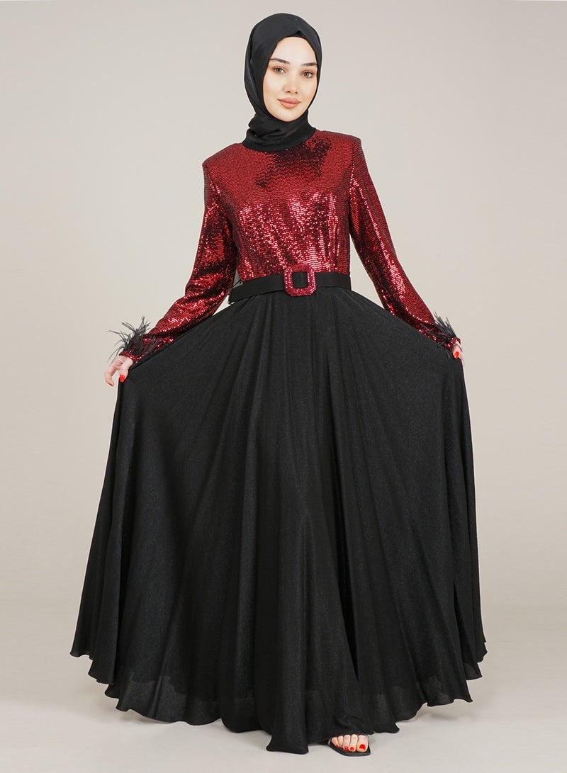 Lamora Women's Long Dress with Sleeves Tassel Sequined and Belt Evening Dress for Special Occasions Red - Image 2