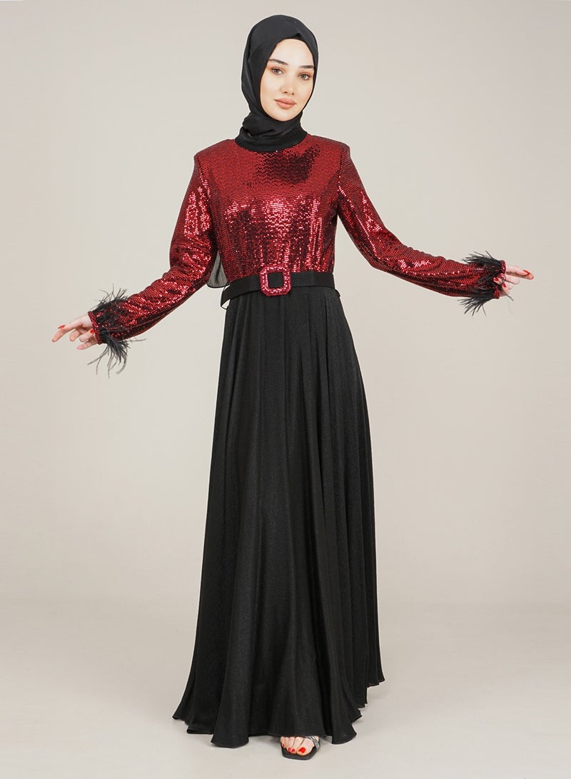 Lamora Women's Long Dress with Sleeves Tassel Sequined and Belt Evening Dress for Special Occasions Red - Image 3