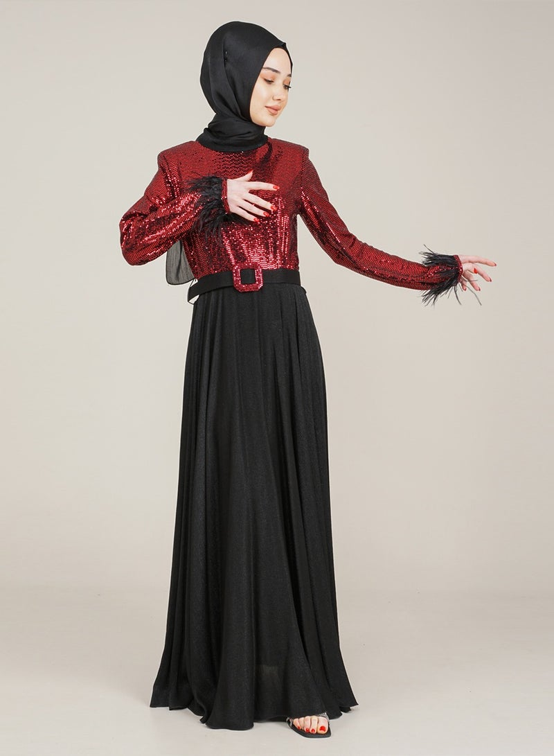 Lamora Women's Long Dress with Sleeves Tassel Sequined and Belt Evening Dress for Special Occasions Red - Image 4