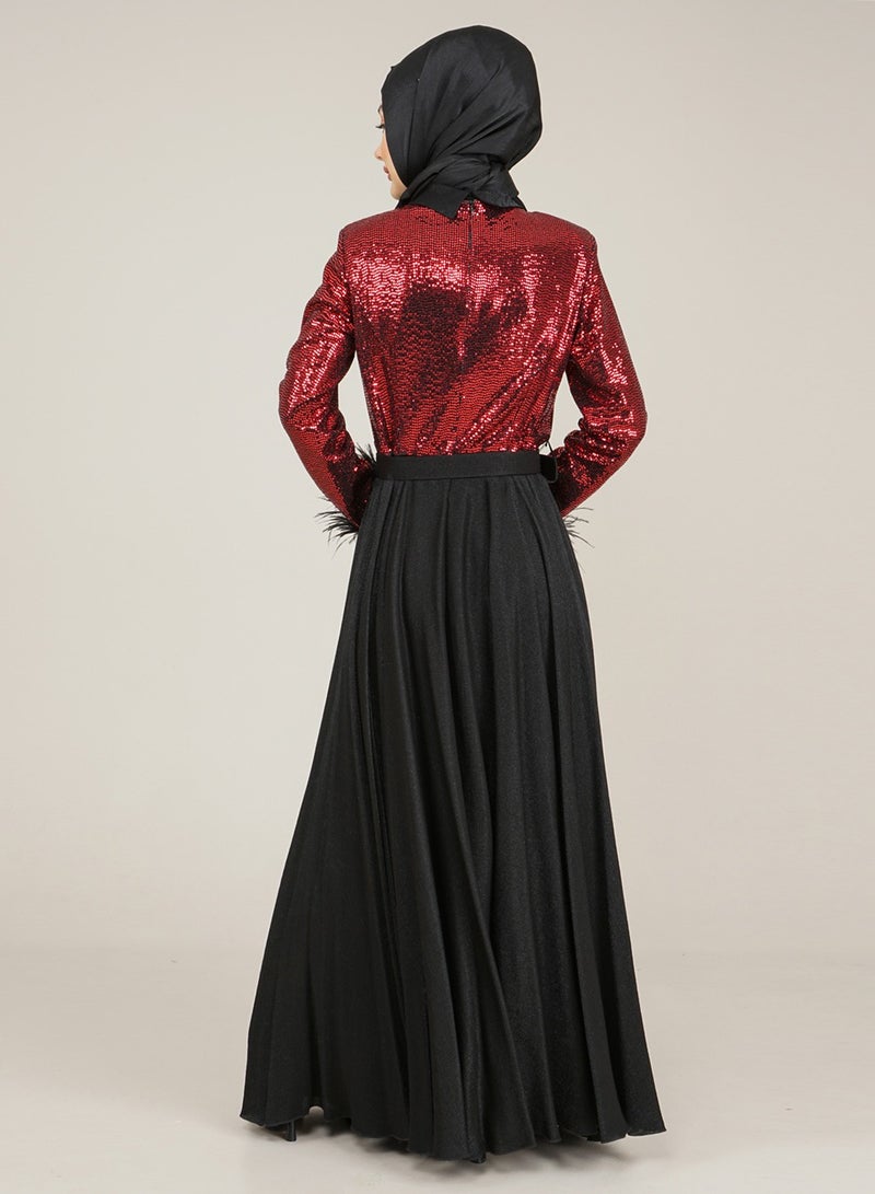 Lamora Women's Long Dress with Sleeves Tassel Sequined and Belt Evening Dress for Special Occasions Red - Image 5