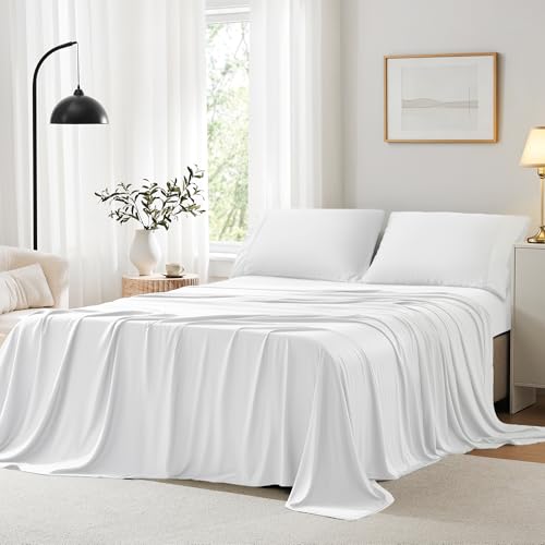 ACCURATEX Cooling Sheets Full Size - Viscose Made from Bamboo, Luxury Cool Silky Sheet Set for Queen Size Bed, Super Soft Breathable Bedding Sheets up to 16 inches Deep Pockect,White - Image 1