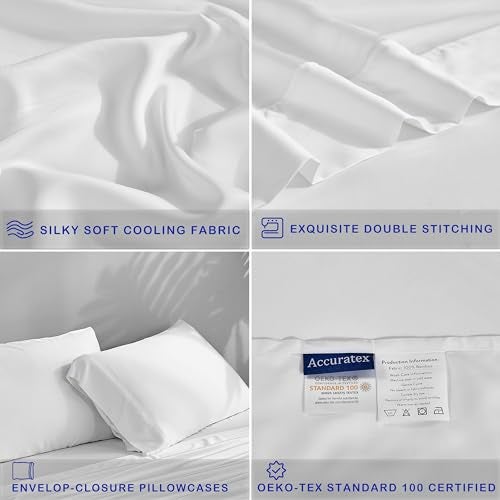 ACCURATEX Cooling Sheets Full Size - Viscose Made from Bamboo, Luxury Cool Silky Sheet Set for Queen Size Bed, Super Soft Breathable Bedding Sheets up to 16 inches Deep Pockect,White - Image 5