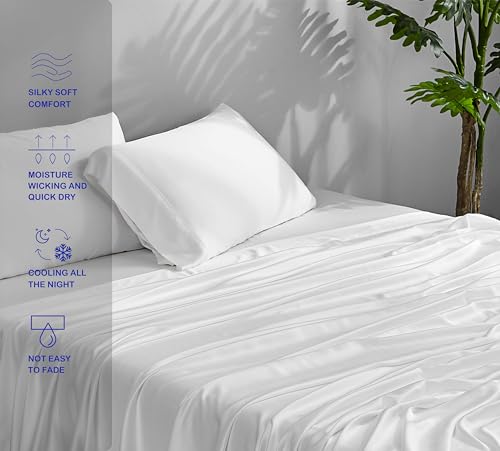 ACCURATEX Cooling Sheets Full Size - Viscose Made from Bamboo, Luxury Cool Silky Sheet Set for Queen Size Bed, Super Soft Breathable Bedding Sheets up to 16 inches Deep Pockect,White - Image 3