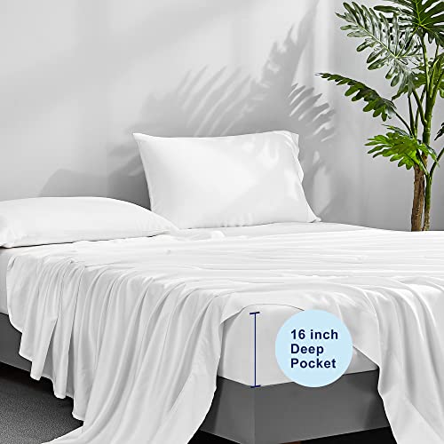ACCURATEX Cooling Sheets Full Size - Viscose Made from Bamboo, Luxury Cool Silky Sheet Set for Queen Size Bed, Super Soft Breathable Bedding Sheets up to 16 inches Deep Pockect,White - Image 4