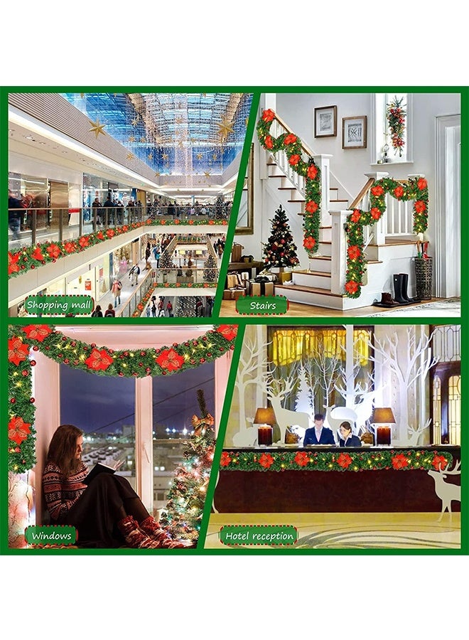 JCB CHIC إكليل عيد الميلاد مع أضواء، إكليل عيد الميلاد مسبق الإضاءة بطول 2.7 متر، إكليل زينة عيد الميلاد مزود بـ 50 مصباح LED مع التوت والأقواس وأقماع الصنوبر والزهور للسلالم والديكور الداخلي والخارجي - Image 5