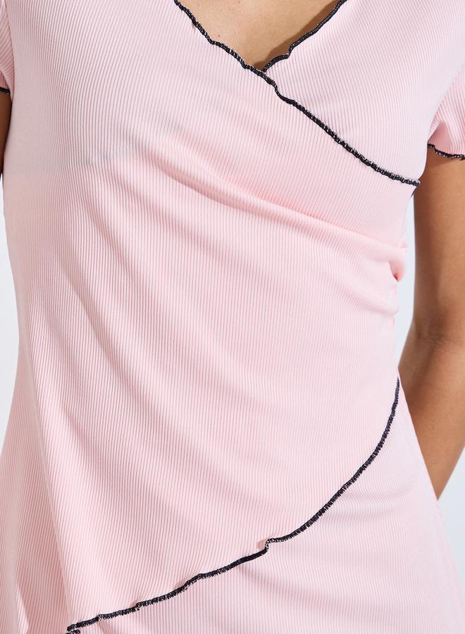 Styli Pink Contrast Lettuce Trims Wrap Nightdress - Image 3