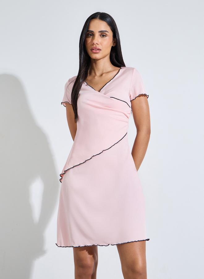Styli Pink Contrast Lettuce Trims Wrap Nightdress - Image 1