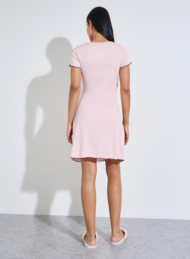 Styli Pink Contrast Lettuce Trims Wrap Nightdress - Image 4
