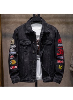 American Style Vintage Distressed Embroidery Denim Jacket For Men Trendy Brand Autumn Fit Street Motorcycle Style Work Jacket 1135 [stickers] Black