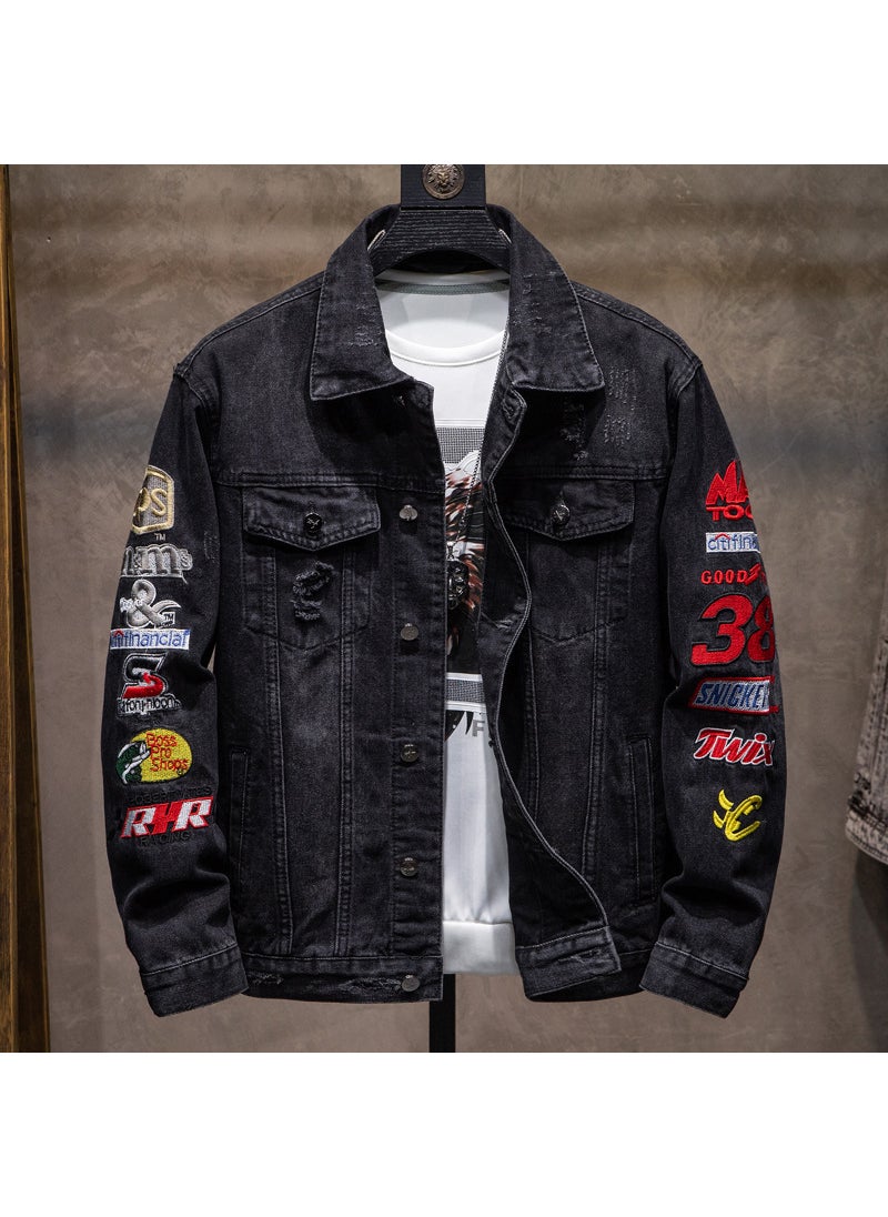 Generic - American Style Vintage Distressed Embroidery Denim Jacket For Men Trendy Brand Autumn Fit Street Motorcycle Style Work Jacket 1135 [stickers] Black - Image 1