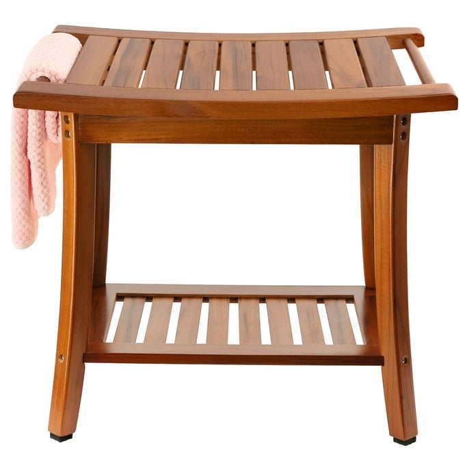 TEAK SHOWER BENCH SEAT WITH HANDLES PORTABLE WOODEN SPA BATHING STOOL WITH STORAGE TOWEL SHELF 22 X 13 X 186 PERFECT FOR INDOOR AND OUTDOOR USE