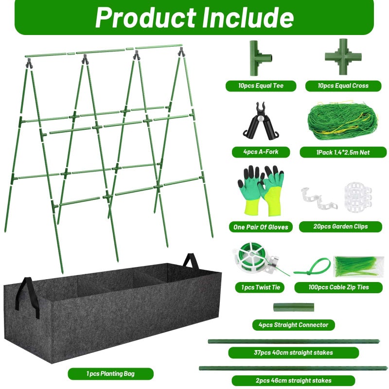 Tidponra Cucumber Trellis with 46 Gallon Grows Bag, 50 x 54 Inches A Frame Outdoor Greenhouse Trellis and Fabric Raised Bed, Climbing Net and Plant Support Clips for Bean Climbing Plants - Image 3