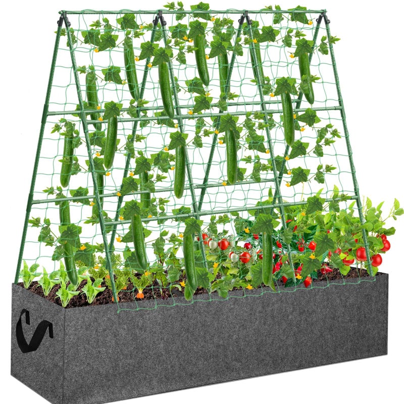 Tidponra Cucumber Trellis with 46 Gallon Grows Bag, 50 x 54 Inches A Frame Outdoor Greenhouse Trellis and Fabric Raised Bed, Climbing Net and Plant Support Clips for Bean Climbing Plants - Image 1