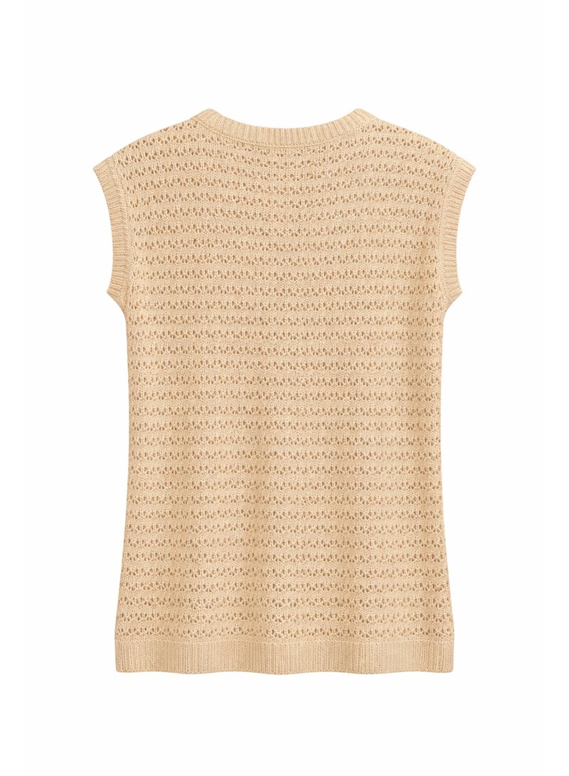 Women's Open Knit Crochet Sweater Top, Beige, Cap Sleeves, Keyhole Button Neck, Lightweight Breathable Fabric - Image 2