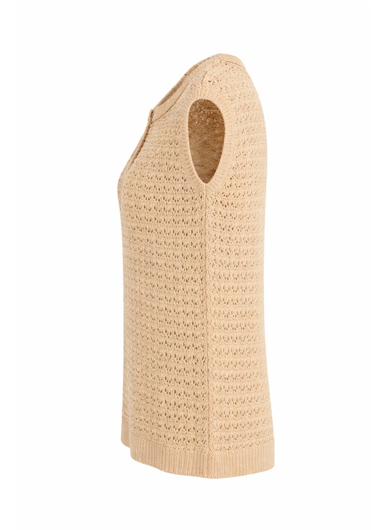 Women's Open Knit Crochet Sweater Top, Beige, Cap Sleeves, Keyhole Button Neck, Lightweight Breathable Fabric - Image 3