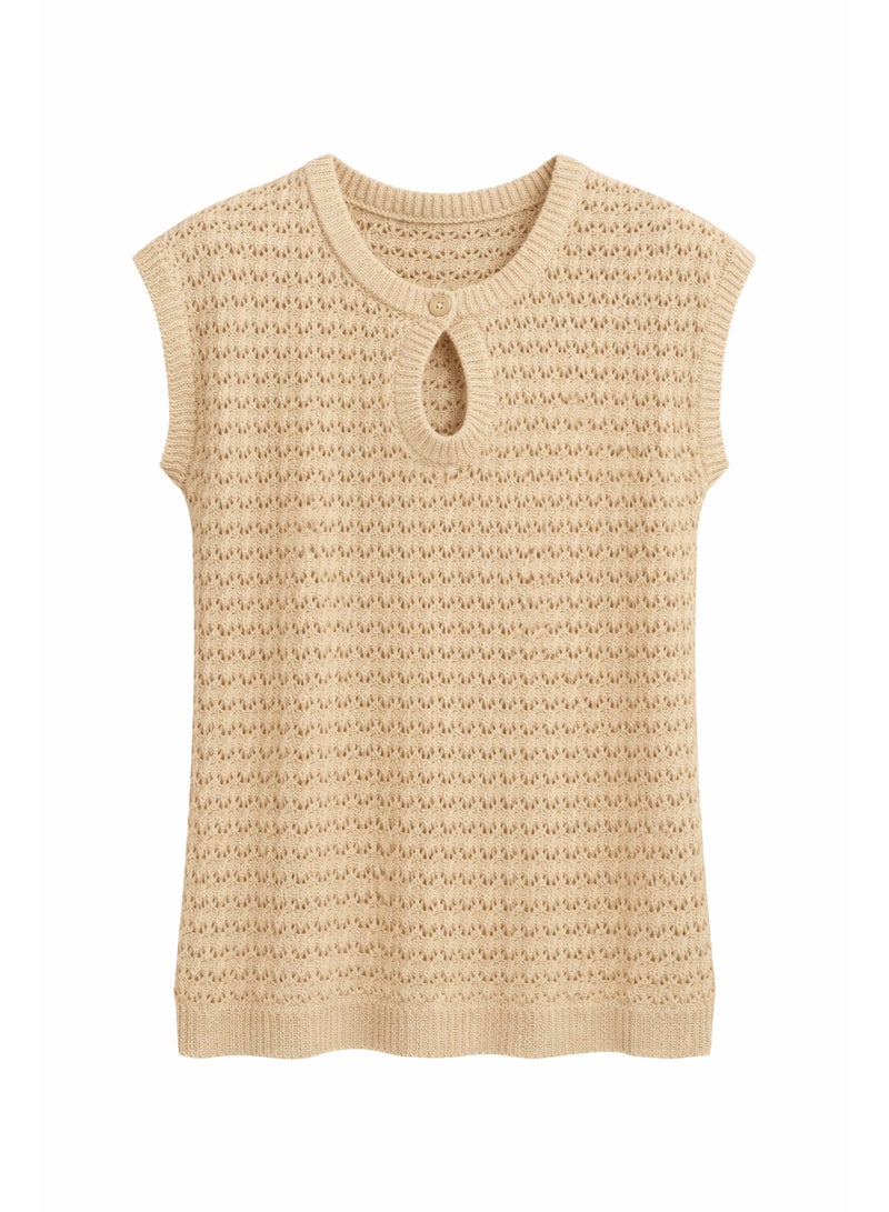 Women's Open Knit Crochet Sweater Top, Beige, Cap Sleeves, Keyhole Button Neck, Lightweight Breathable Fabric - Image 1