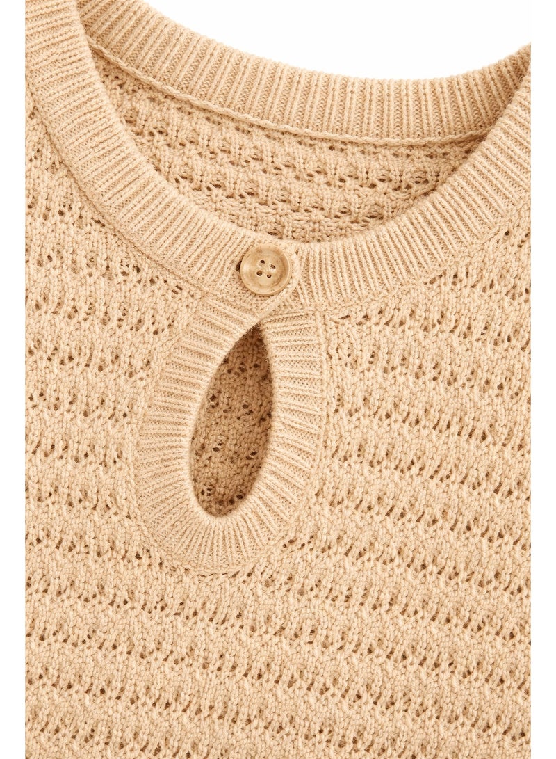 Women's Open Knit Crochet Sweater Top, Beige, Cap Sleeves, Keyhole Button Neck, Lightweight Breathable Fabric - Image 5