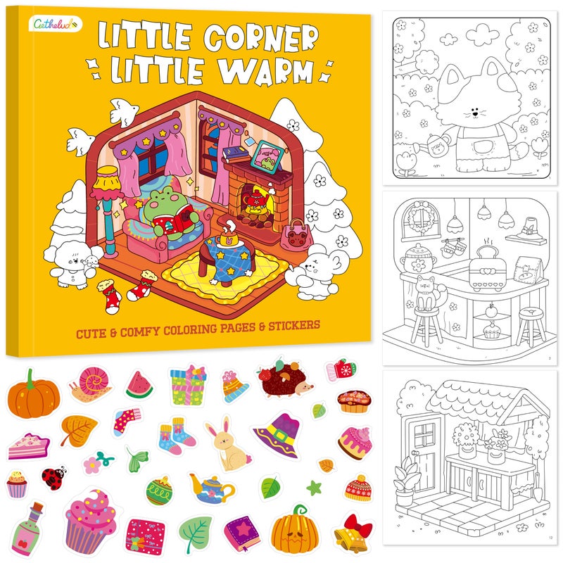 Gethelud Cute & Cozy Coloring Book, 50 Sheets Warm Scenes with 600+ Stickers, Cute Animals- Themed Pages Stress Relief for Adults & Teens Relaxation, Comfy Day, Cozy Hygge Moment (8.3â€ x 8.3â€) - Image 1