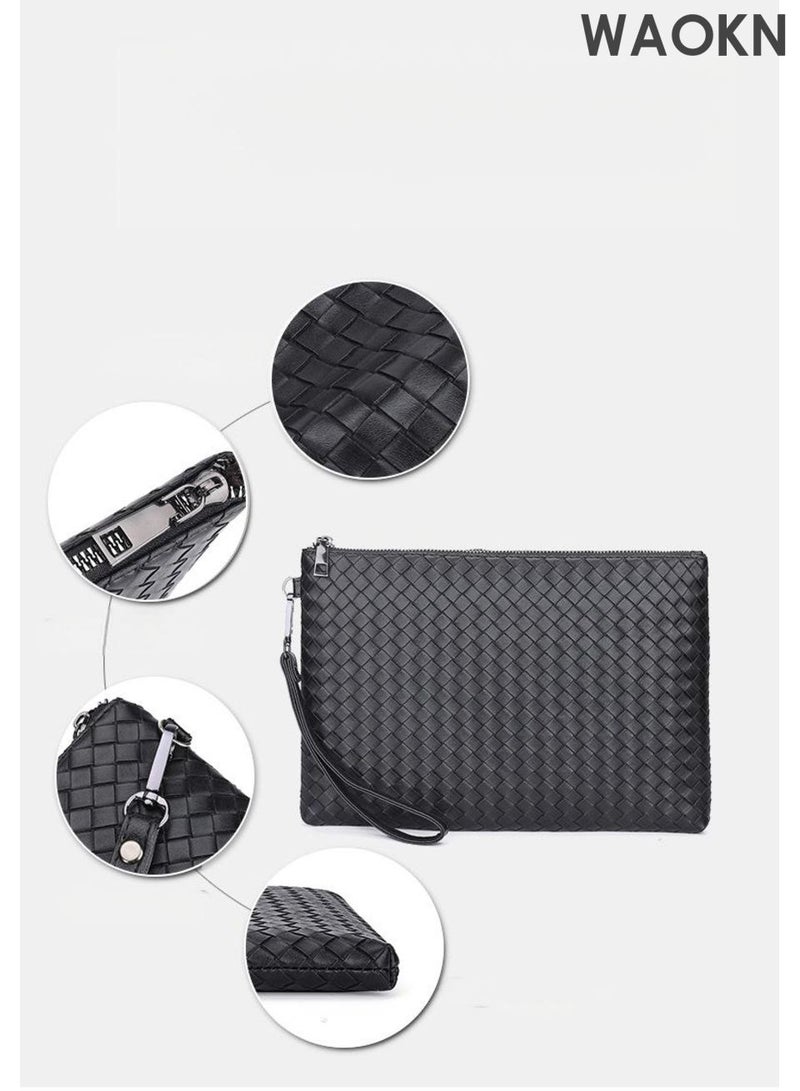 WAOKN Men's large capacity storage handbag, made of high-quality leather material, envelope style handbag, designed with fashionable and versatile woven patterns, with wristband handbag, the first choice for gift giving. - Image 3