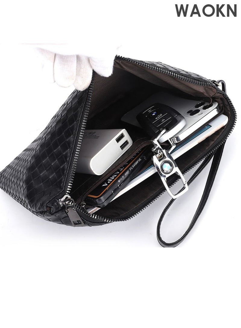 WAOKN Men's large capacity storage handbag, made of high-quality leather material, envelope style handbag, designed with fashionable and versatile woven patterns, with wristband handbag, the first choice for gift giving. - Image 5