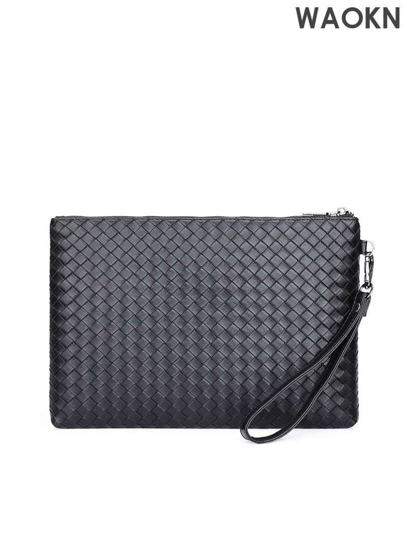 WAOKN Men's large capacity storage handbag, made of high-quality leather material, envelope style handbag, designed with fashionable and versatile woven patterns, with wristband handbag, the first choice for gift giving. - Image 1