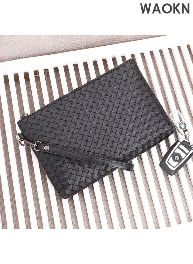 WAOKN Men's large capacity storage handbag, made of high-quality leather material, envelope style handbag, designed with fashionable and versatile woven patterns, with wristband handbag, the first choice for gift giving. - Image 2