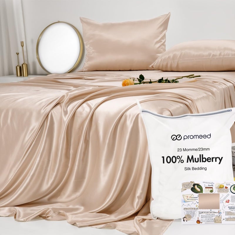 PROMEED  100 Pure Mulberry Silk 4pcs Set Luxury Queen Size Cooling Bed Set with Fitted Sheet Flat Sheet and Silk Pillowcase Champagne