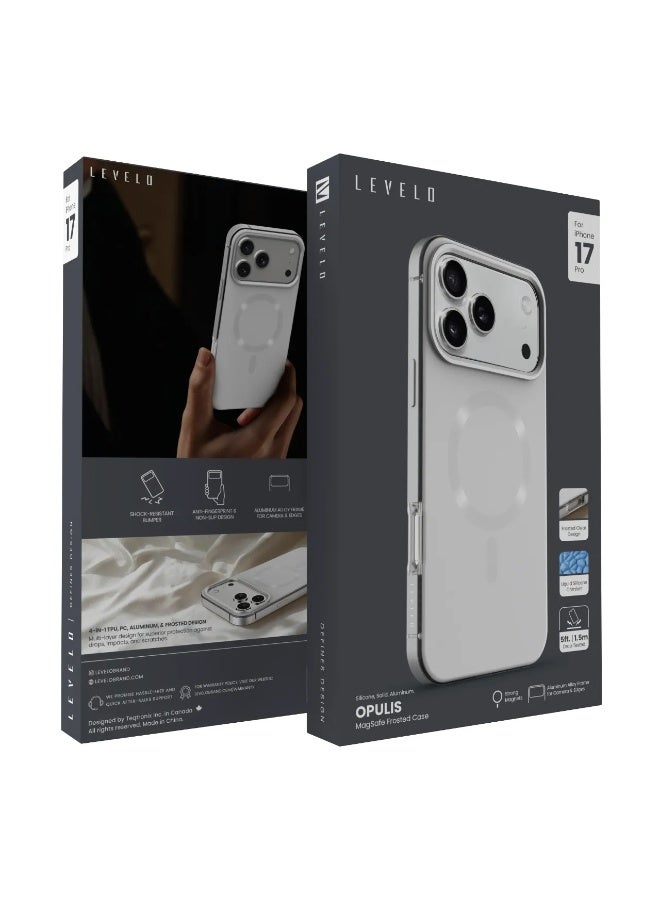 LEVELO iPhone 17 Pro MagSafe Case Opulis with Liquid Silicone Comfort & Shock-Resistant Bumper / Anti-Fingerprint & Non-Slip Design Back Cover / Aluminum Alloy Frame for Camera & Edges / Frosted Clear Design - Silver Stone - Image 3