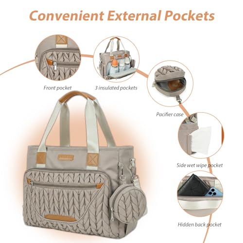 FHELAD Diaper Bag Tote, Crossbody Diaper Bag for Labor & Delivery, 16 Pockets 5 Insulated, Waterproof Lightweight Baby Bag with Changing Pad & Pacifier Case, Travel Mom Tote (Brown Taupe) - Image 5