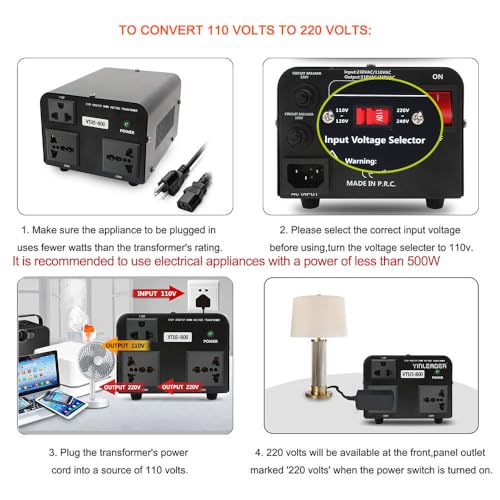 Yinleader 800W Voltage Converter Step Up 110V-120V to 220V-240V & Step Down 220V-240V to 110V-120V Power Transformer w/US Power Cord,Circuit Breaker Protection (VTUS-800) - Image 4