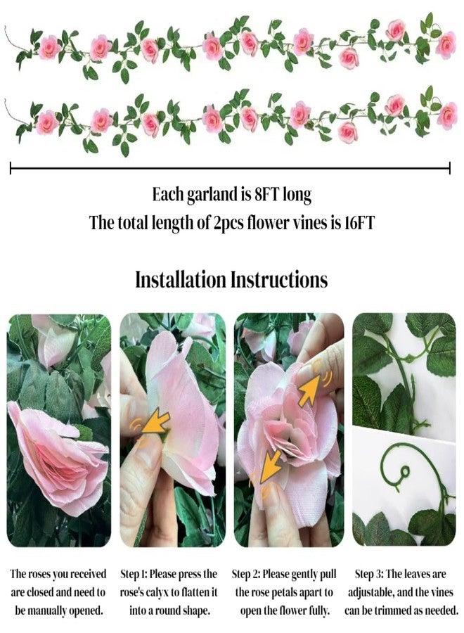 ZWYOQI 16 FT Fake Rose Vine Garland Artificial Flowers Plants Hanging Rose Ivy Home Hotel Office Wedding Party Garden Décor (Pink/2PCS) - Image 3