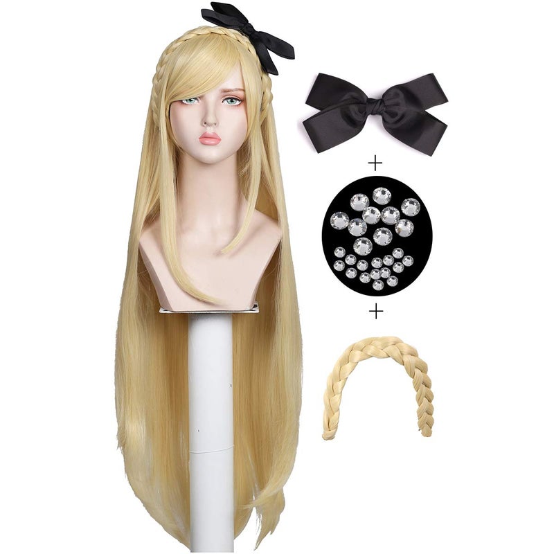 Wig with Black Bow and Rhinestones for Cosplay and Cons Long Blonde