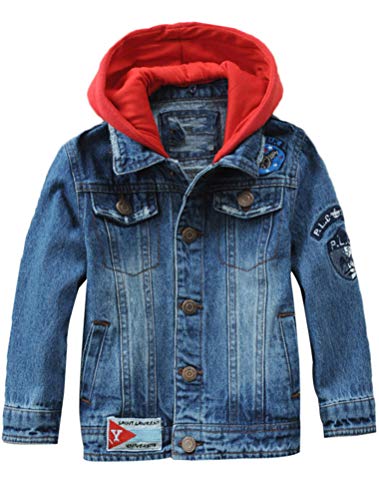 Mallimoda Kids Boys Girls Hooded Denim Jacket Zipper Coat Outerwear (7-8 Years, Style 1 Blue) - Image 1