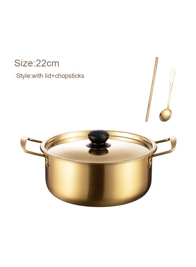 3-piece stainless steel Stock pot with gold lid, spoon and chopsticks, double handles, super thick and durable, cooking/stewing/hot pot special noodle pot  - Image 1