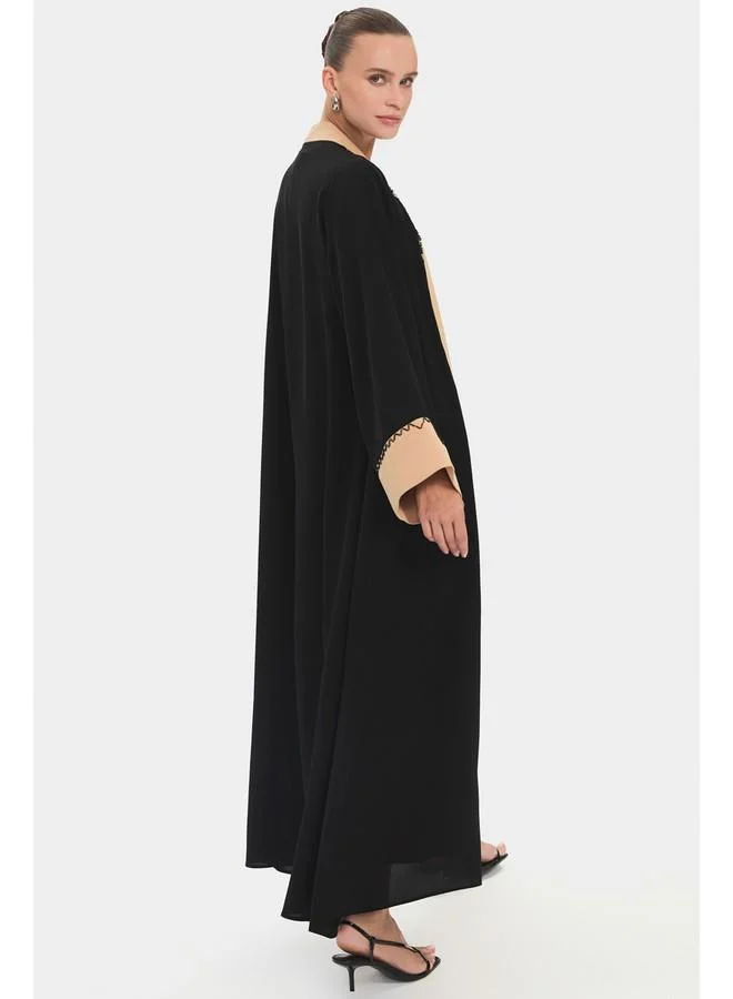 JUNE June Women Embroidered Detailed Color Block Flowy Abaya Black