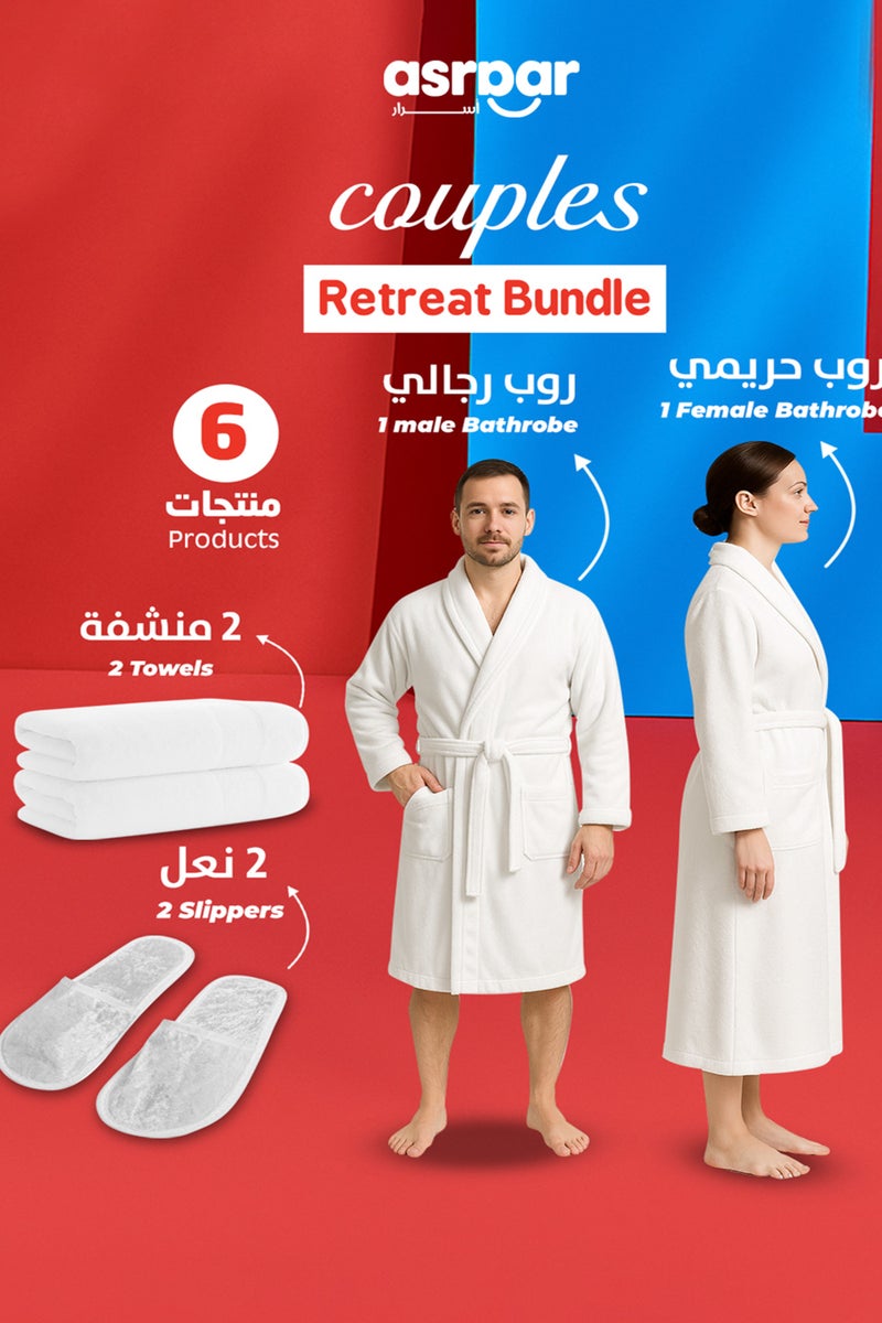 Asraar Couple Retreat Bundle 6-Piece Set – Includes 1 Male Bathrobe XL, 1 Female Bathrobe XL, 2 Luxurious Slippers, and 2 Premium Towels 50 x 80cm 250g – Perfect for Relaxation – High-Quality Fabric for Spa-Like Experience at Home – Ideal for Couples - Image 1