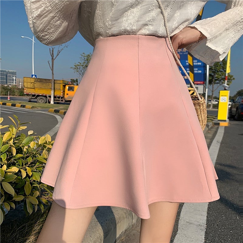 Real shot real price ~ 2023 Korean version of the new candy multi-color high waist slim Joker unkempt skirt A- shaped skirt women Sakura Pink