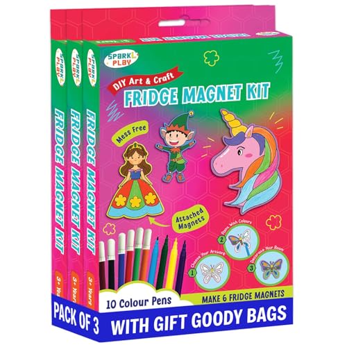 SparkLPlay DIY Craft Kit. Kids Birthday Return Gifts (Pack of 3) Each Pack - 6 Fridge Magnet Cutouts, 12 Pens, 3 Gift Bags, Mess Free. (Unicorn) - Image 1