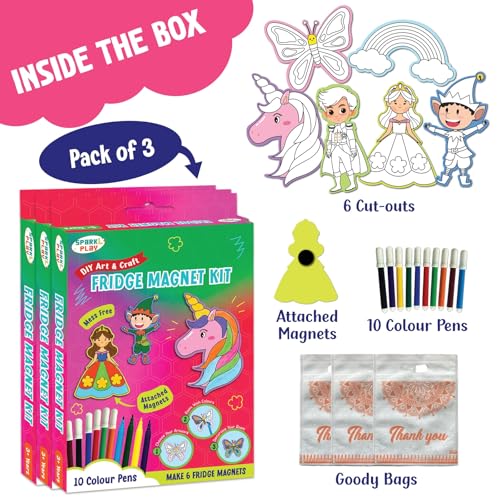 SparkLPlay DIY Craft Kit. Kids Birthday Return Gifts (Pack of 3) Each Pack - 6 Fridge Magnet Cutouts, 12 Pens, 3 Gift Bags, Mess Free. (Unicorn) - Image 2