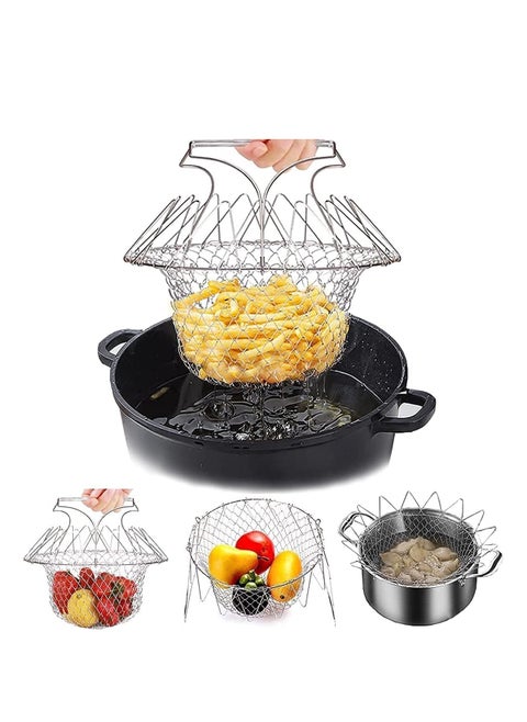 Foldable Stainless Steel Deep Fry Basket Multifunction Steam Rinse Strain Fry Strainer Net Telescopic Folding Basket Fry Basket for Fried Food or Fruits Kitchen Utensil Cooking Net Gadgets