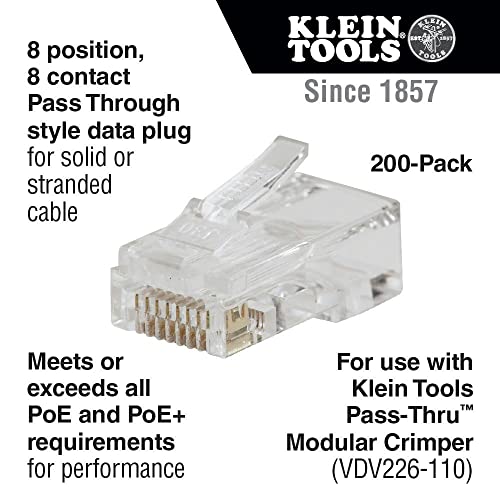 Klein Tools موصل بيانات كليين تولز VDV826-763 بمرور البيانات، RJ45 CAT6، مطلي بالذهب، موصلات تمرير 200 حزمة - Image 2