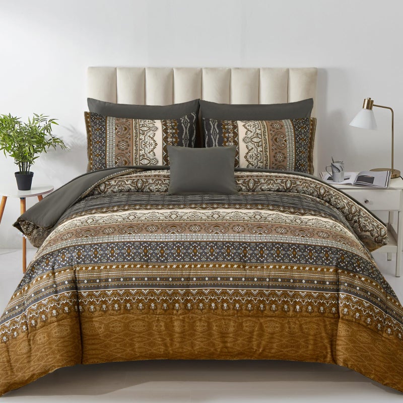 Cottolester Boho Queen Comforter Set 8 PiecesBrown Black Bohemian Comforter Paisley Striped Bed in A BagSoft Microfiber Bedding Set for All Season