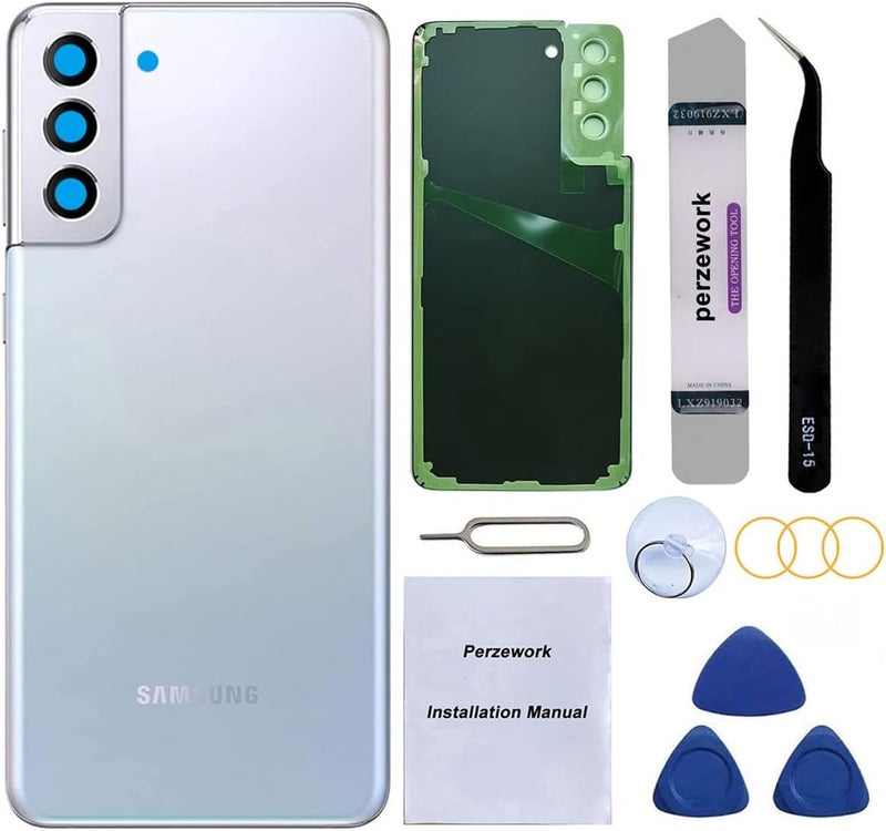 Perzework استبدال زجاج خلفي متوافق مع سامسونج جالاكسي S21+ بلس 6.7 بوصة مع مجموعة أدوات الإصلاح ومواد لاصقة مثبتة مسبقًا (فضي شبح) - Image 1