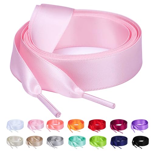 Booyckiy Flat Colorful Satin Ribbon Shoelaces 3/4" Wide Shoe Laces for Women Girls, Pink 47inch (120) cm - Image 1